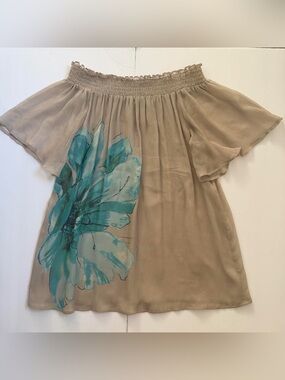 100% Silk Beige Off-Shoulder Top with Teal Floral Print